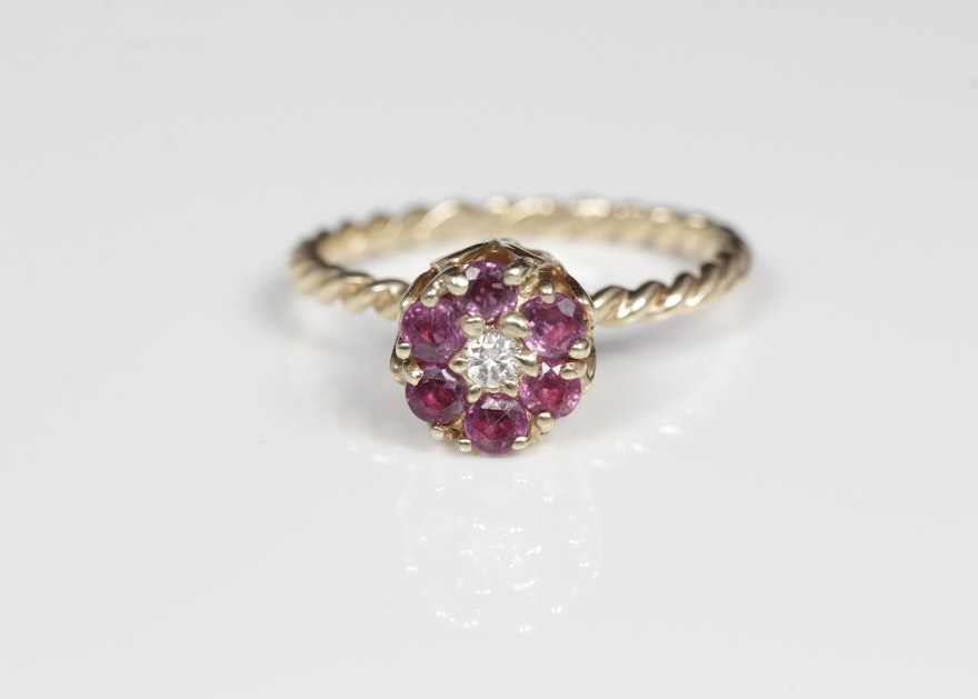 14K Yellow Gold Ruby and Diamond Tulip Ring