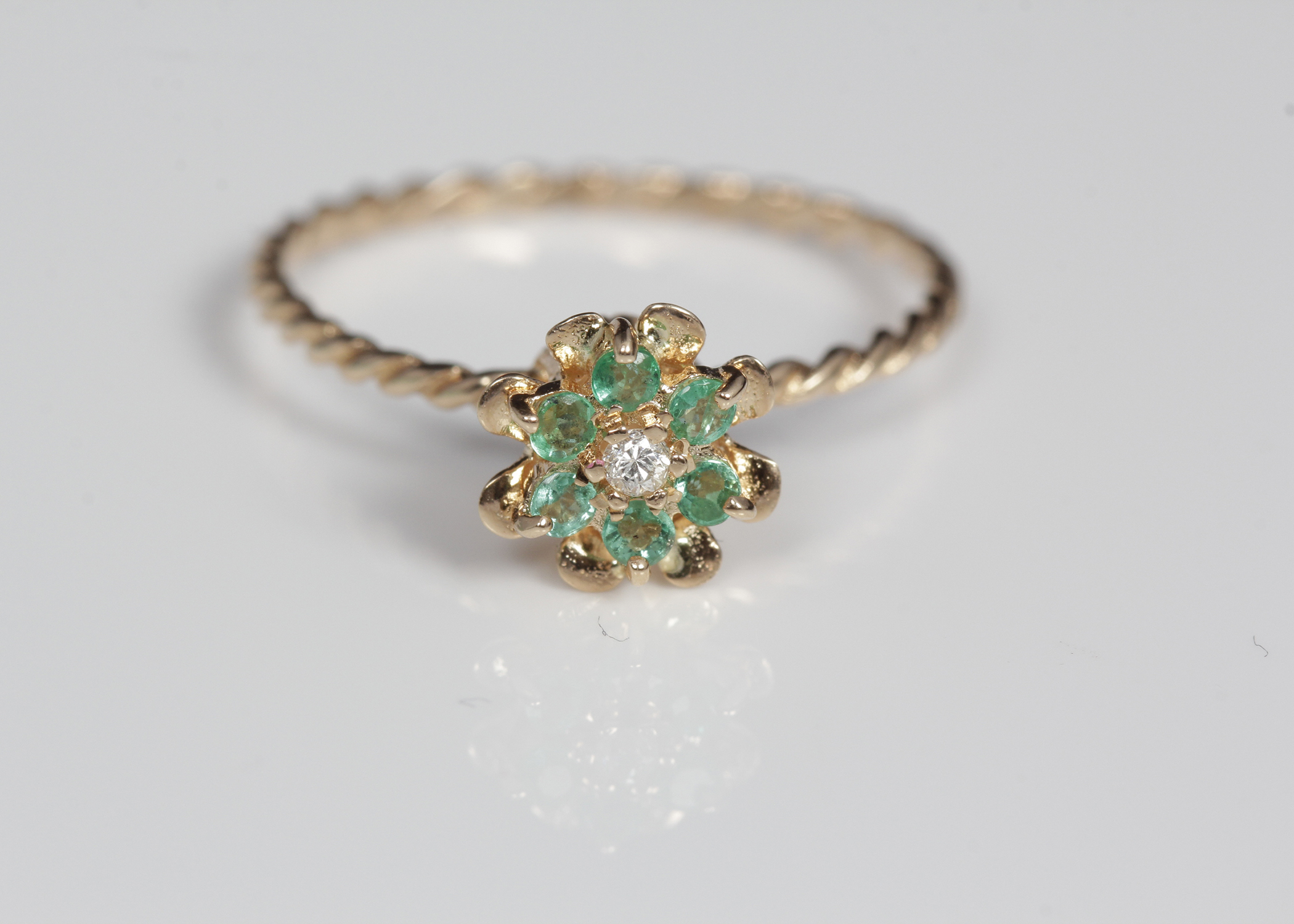 14K Yellow Gold Emerald and Diamond Tulip Ring