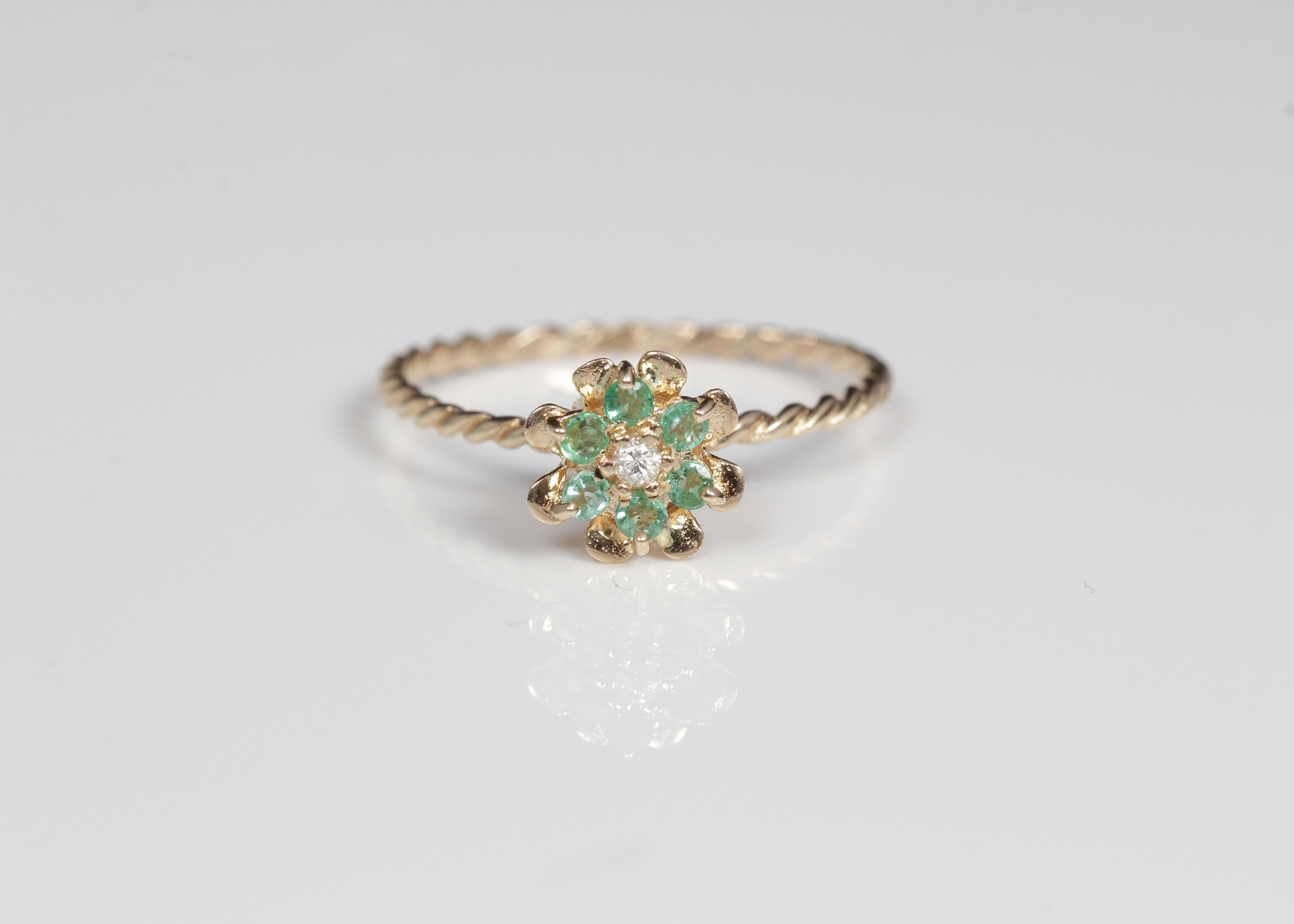 14K Yellow Gold Emerald and Diamond Tulip Ring