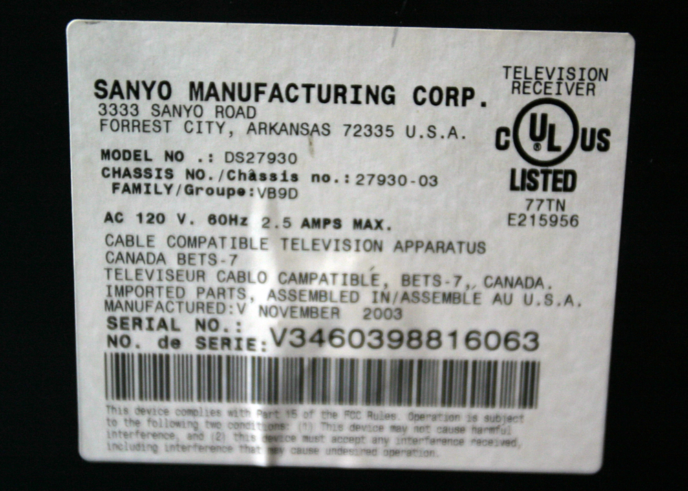 Sanyo 27" Flat Panel Television