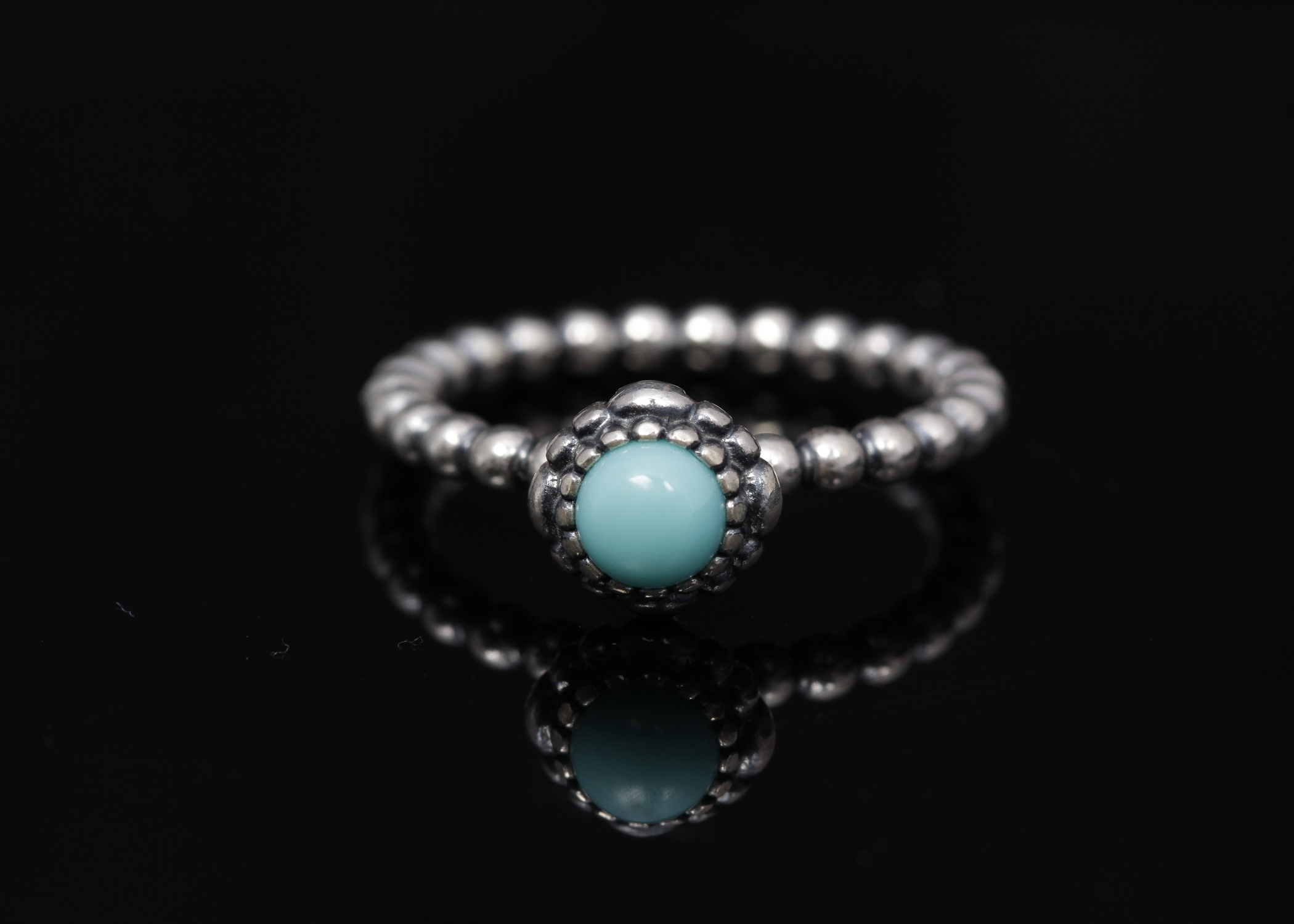 PANDORA Sterling Silver "Birthday Blooms" Turquoise Ring