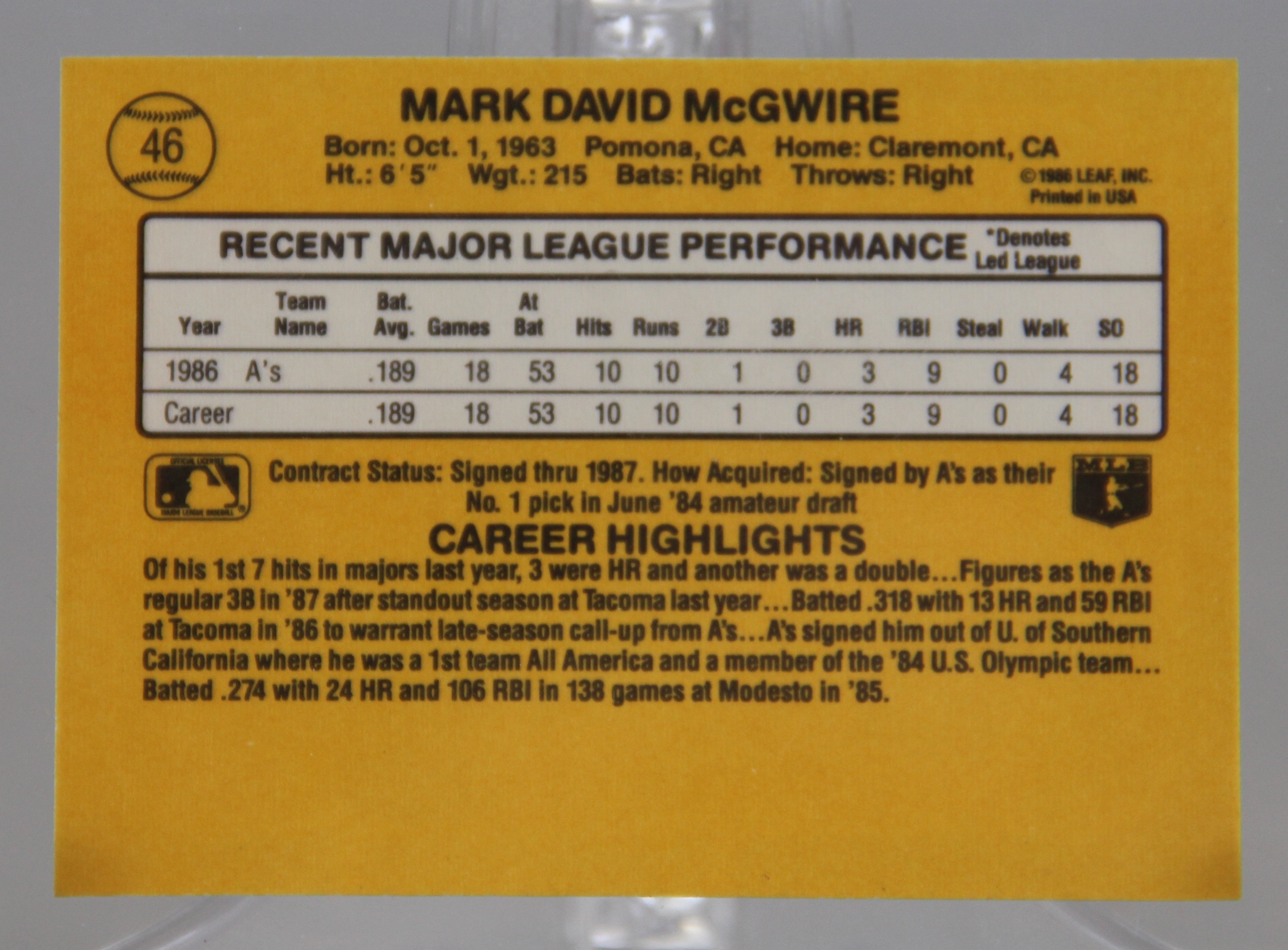 1986 Mark McGwire Rookie Card