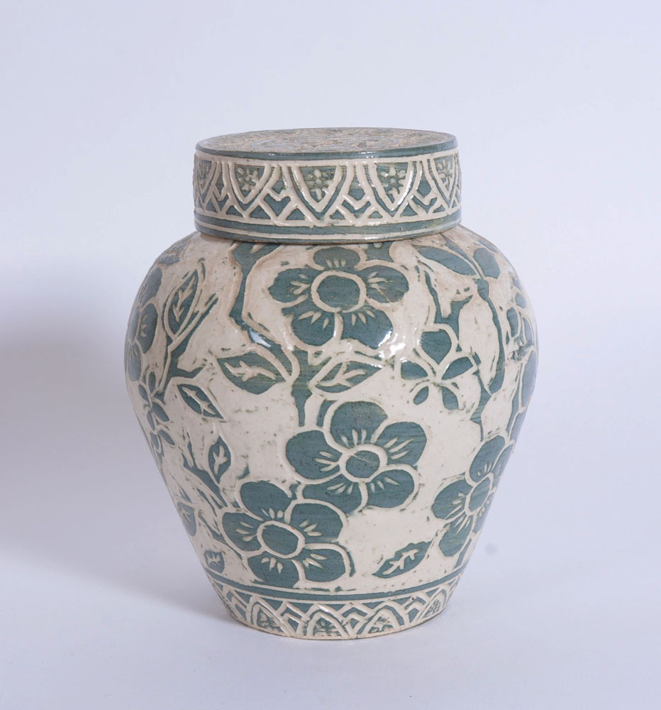 Bisque Urn, Green Pottery and Carved Stand