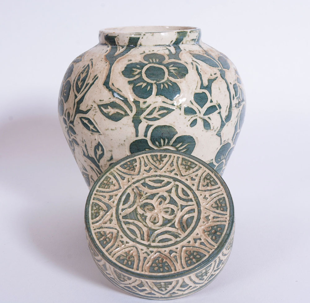 Bisque Urn, Green Pottery and Carved Stand