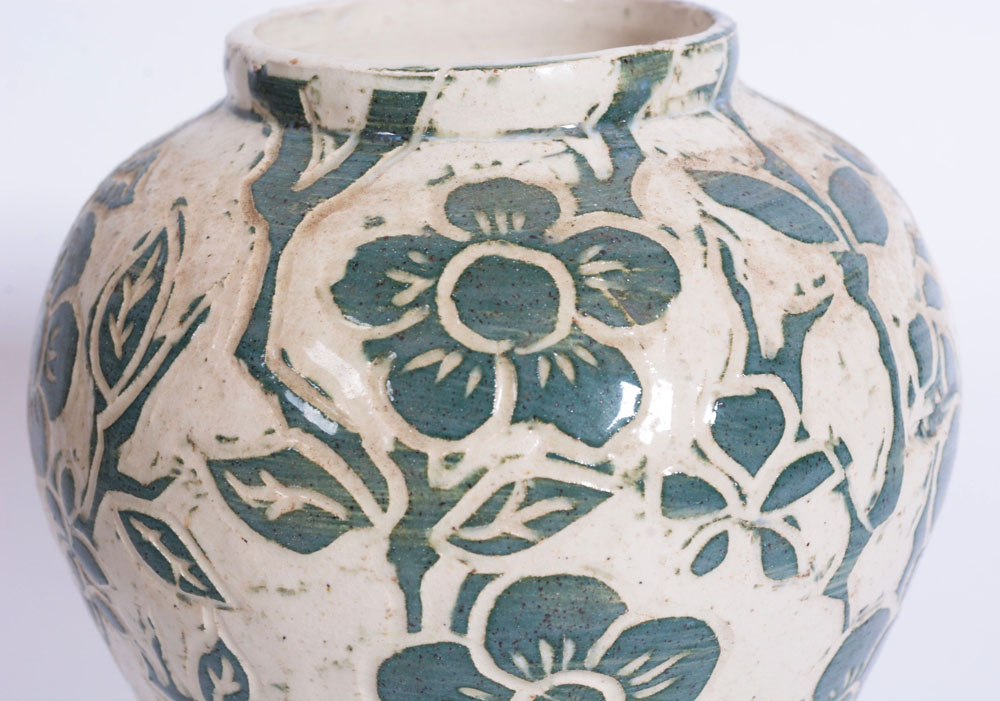 Bisque Urn, Green Pottery and Carved Stand