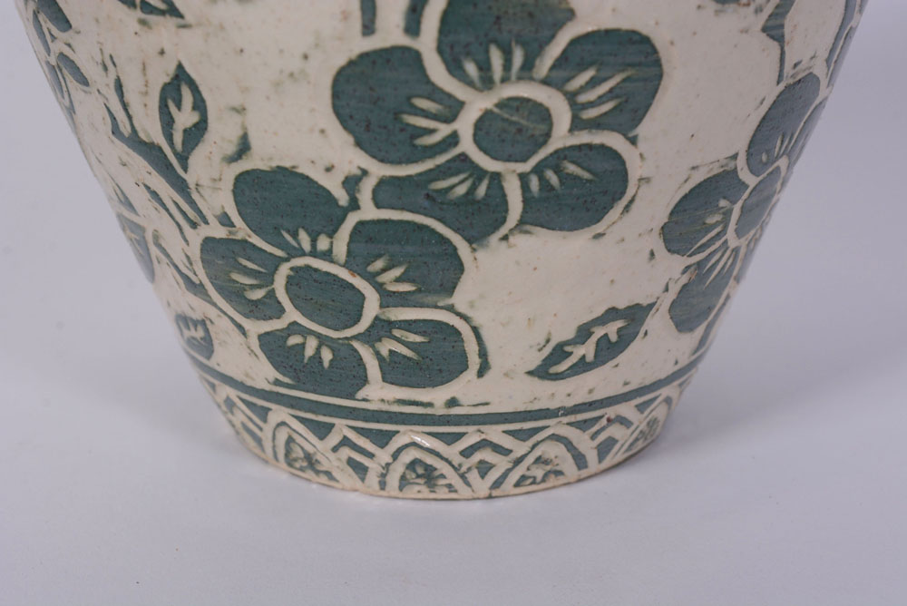 Bisque Urn, Green Pottery and Carved Stand