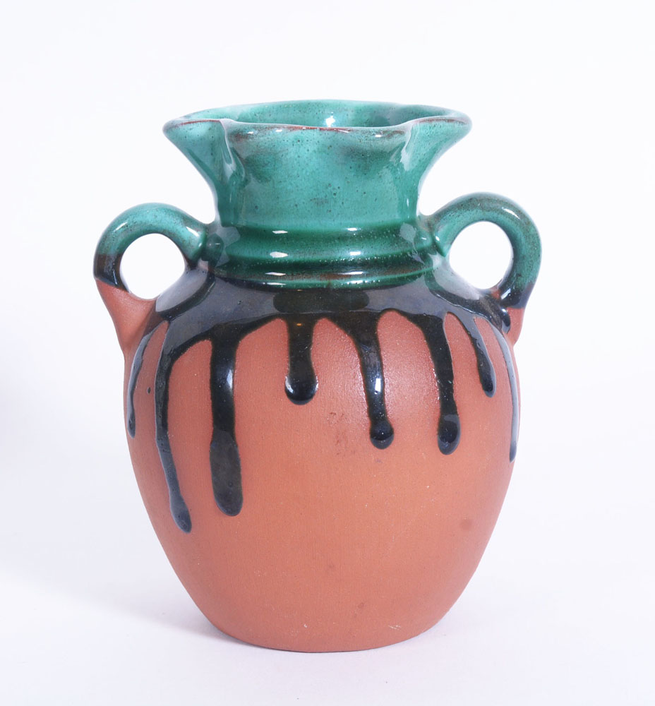 Bisque Urn, Green Pottery and Carved Stand