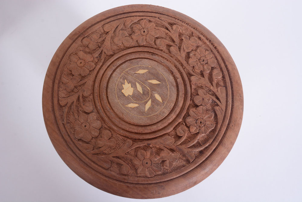 Bisque Urn, Green Pottery and Carved Stand