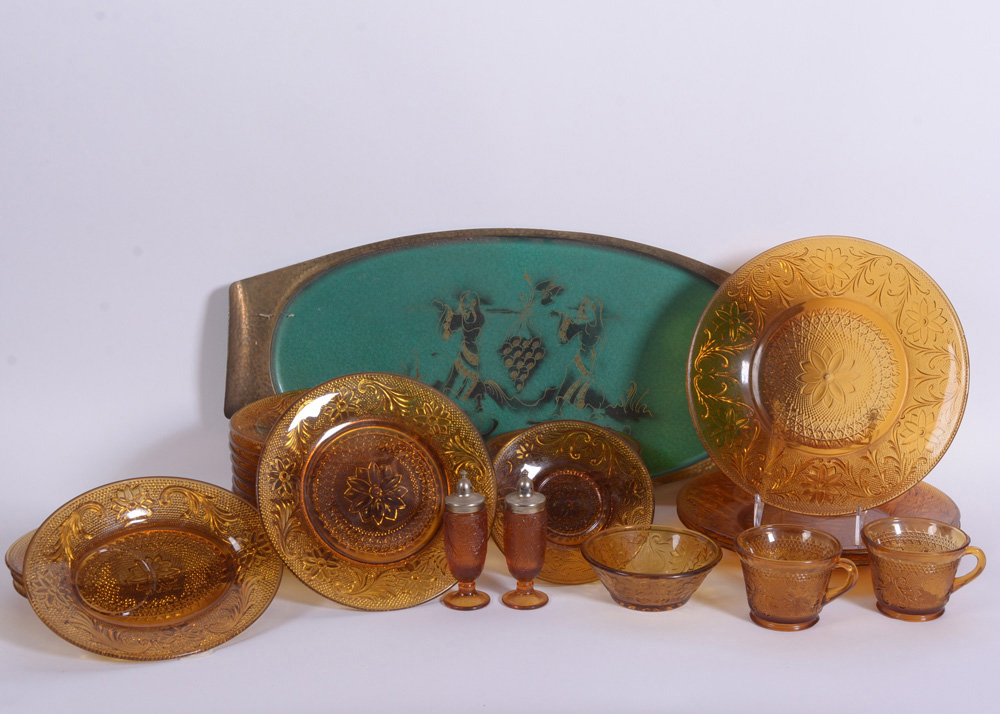 Collection of Engraved Acanthus Brown Dishware and Tray