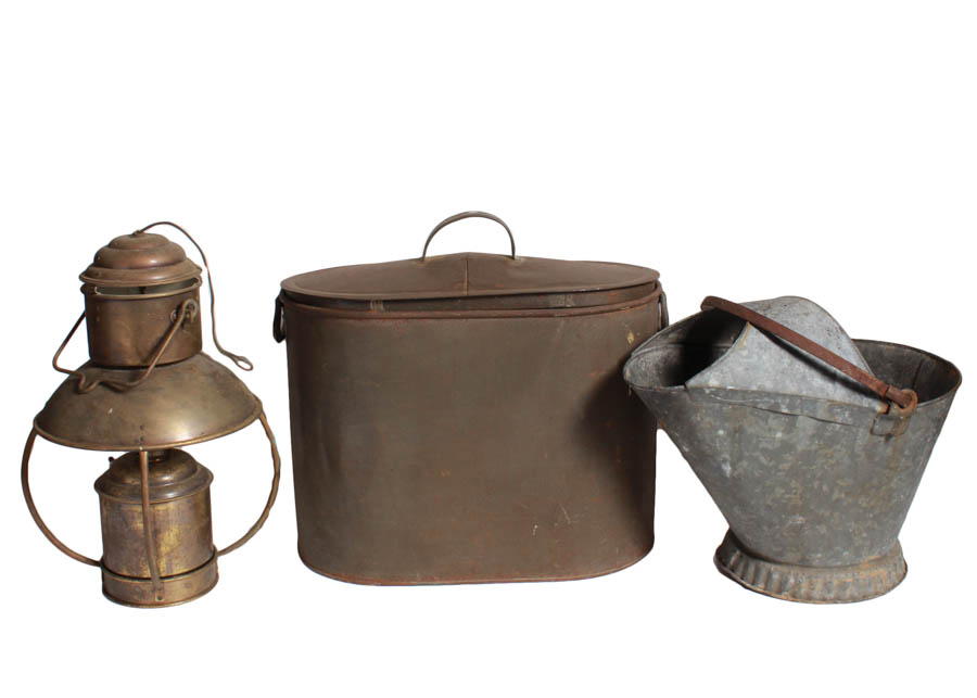 Pair of Metal Coal Bins and Lantern