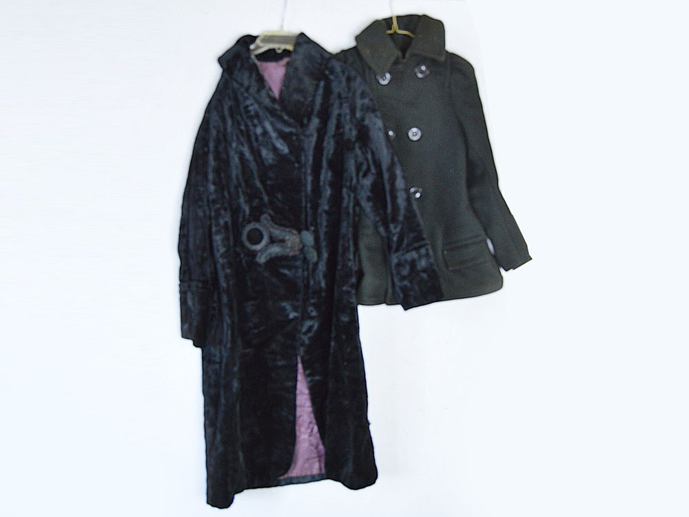 1910's Woman's Black Velvet Coat and Child's Woolen Coat