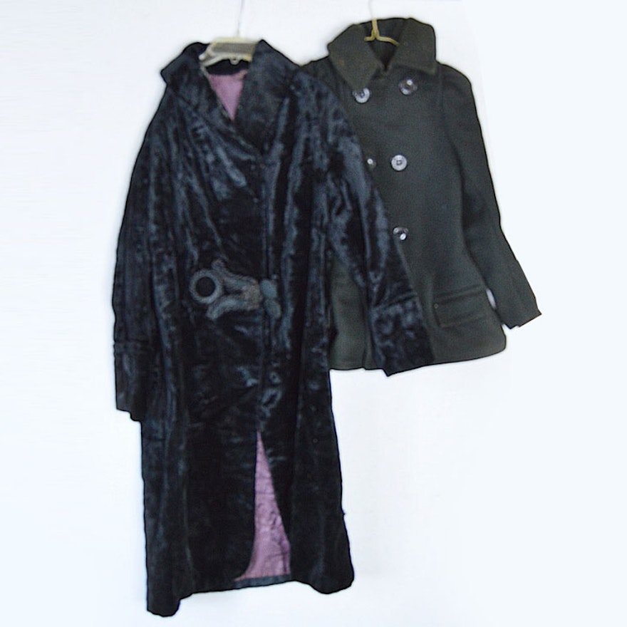 1910's Woman's Black Velvet Coat and Child's Woolen Coat