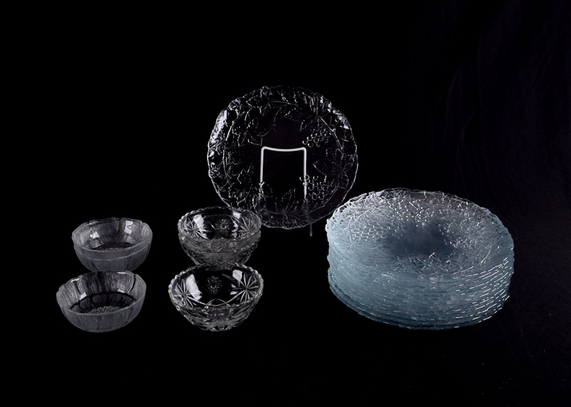 Set of Pressed Glass Plates and Dessert Bowls