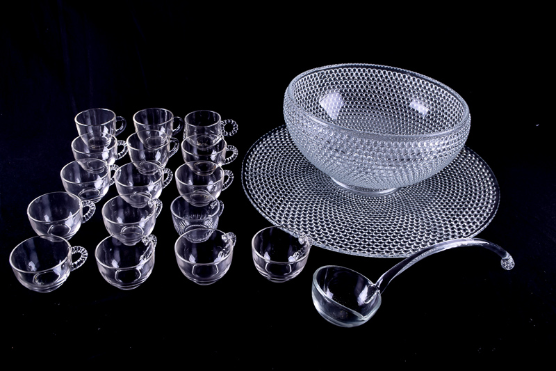 Vintage Hobnail Glass Punch Bowl with Assorted Glasses