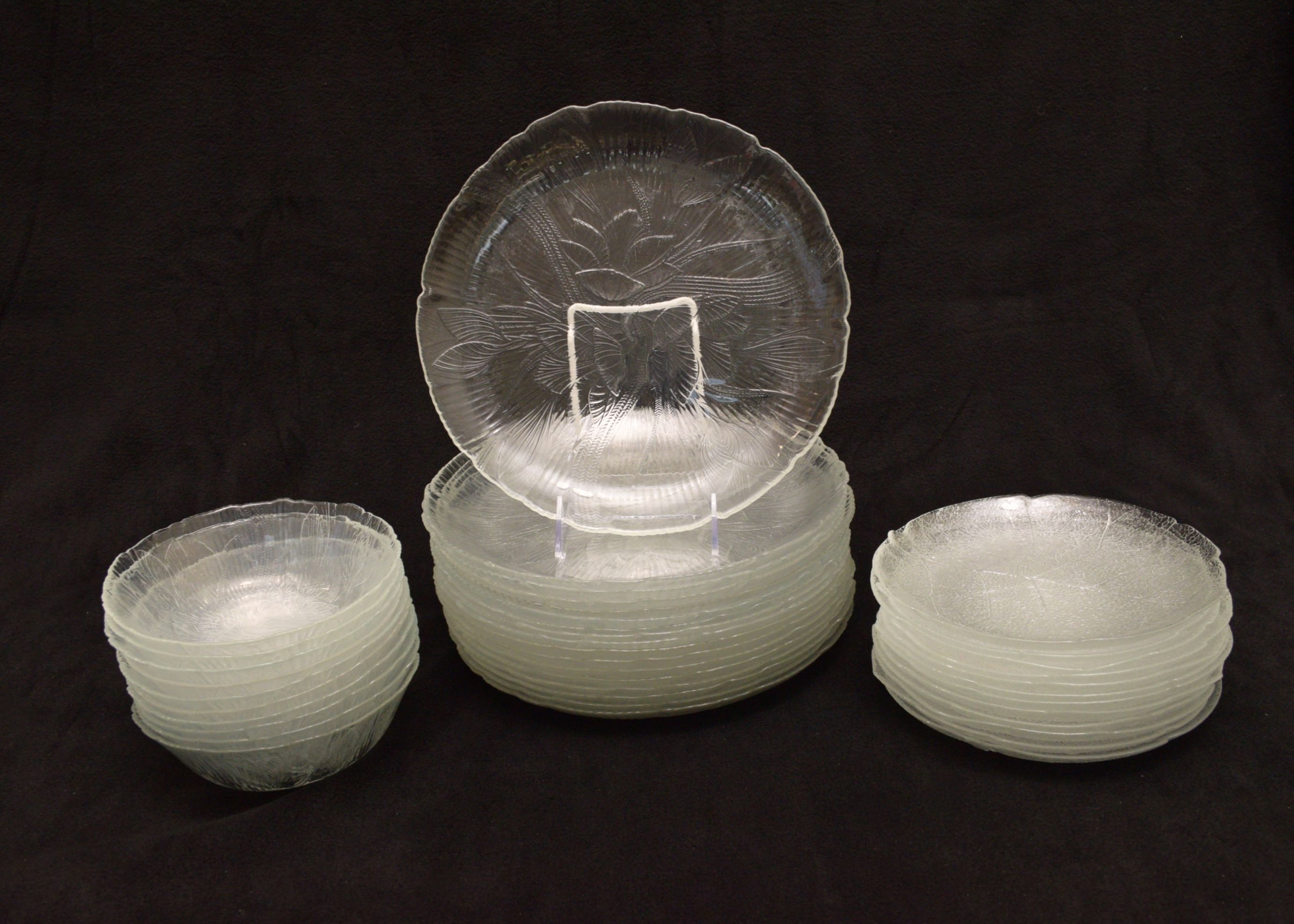 Set of Pressed Glass Dinner Plates, Salad Plates, and Salad Bowls