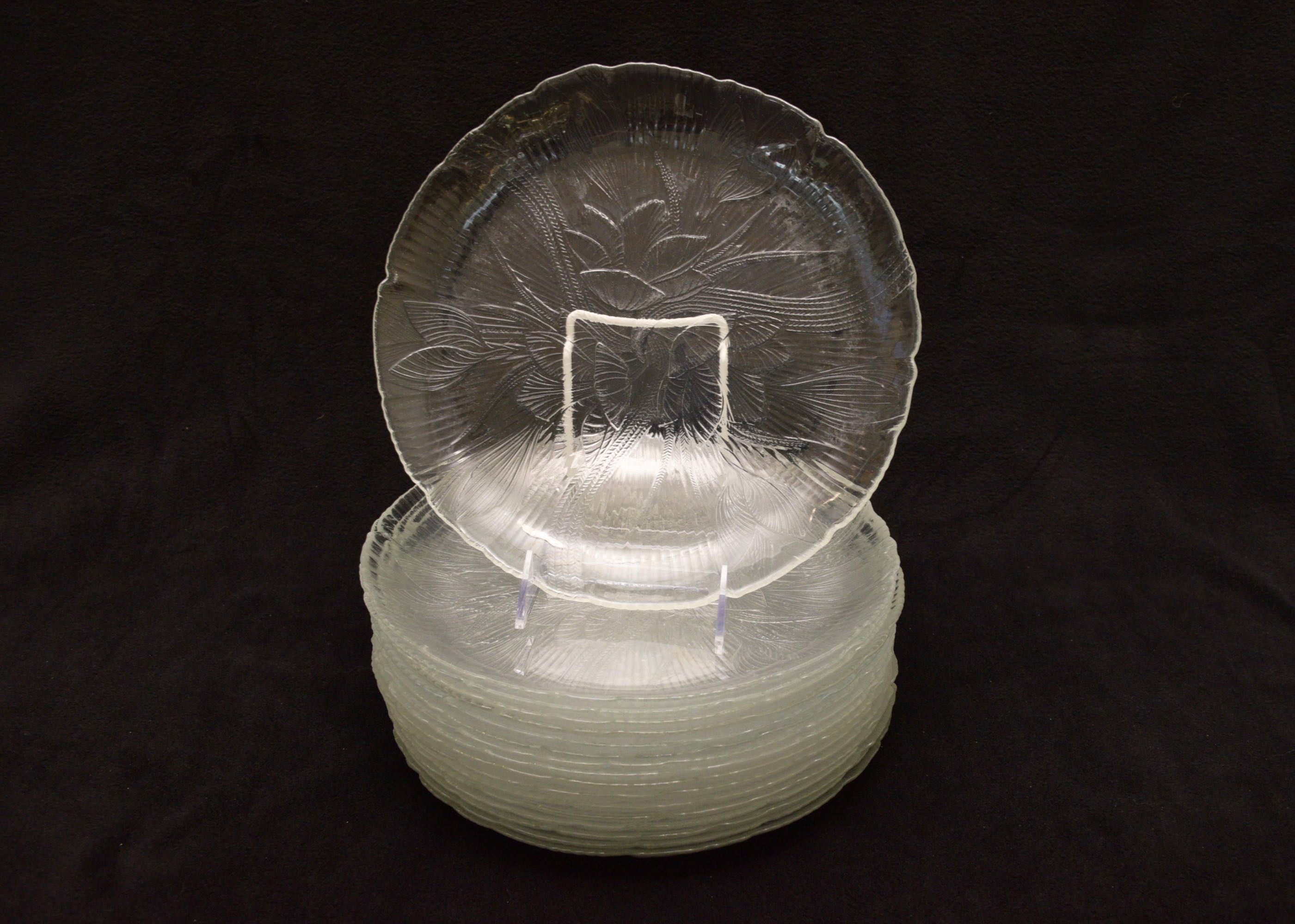 Set of Pressed Glass Dinner Plates, Salad Plates, and Salad Bowls