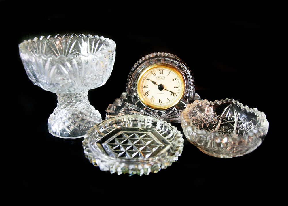 Cut Crystal Mantel Clock and Compotes