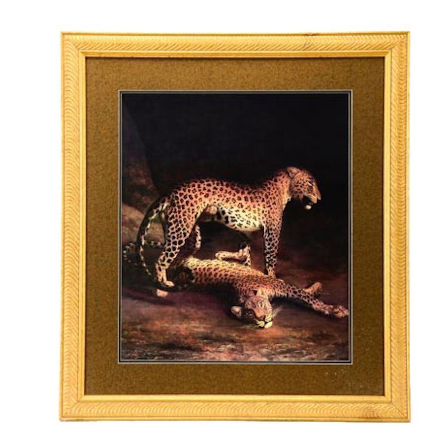 Jacques Laurent (J.L.) Agasse Offset Litho "Two Leopards Playing"