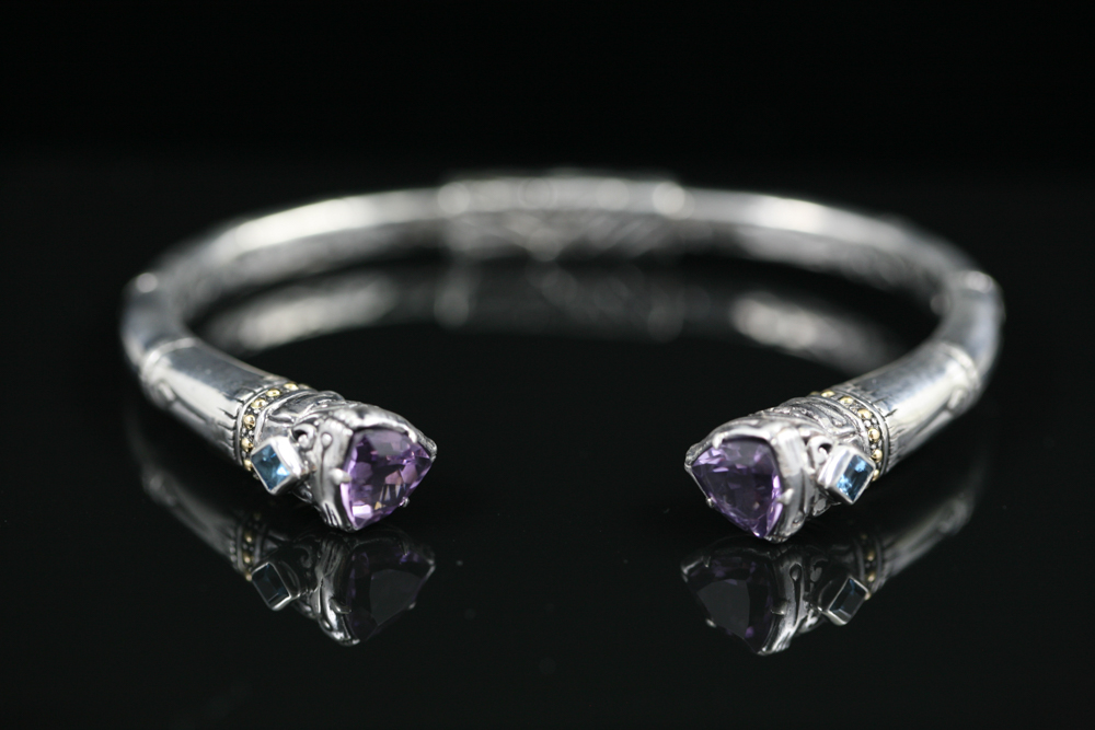 Robert Manse Sterling Silver & 18K Gold Amethyst  Cuff Bracelet