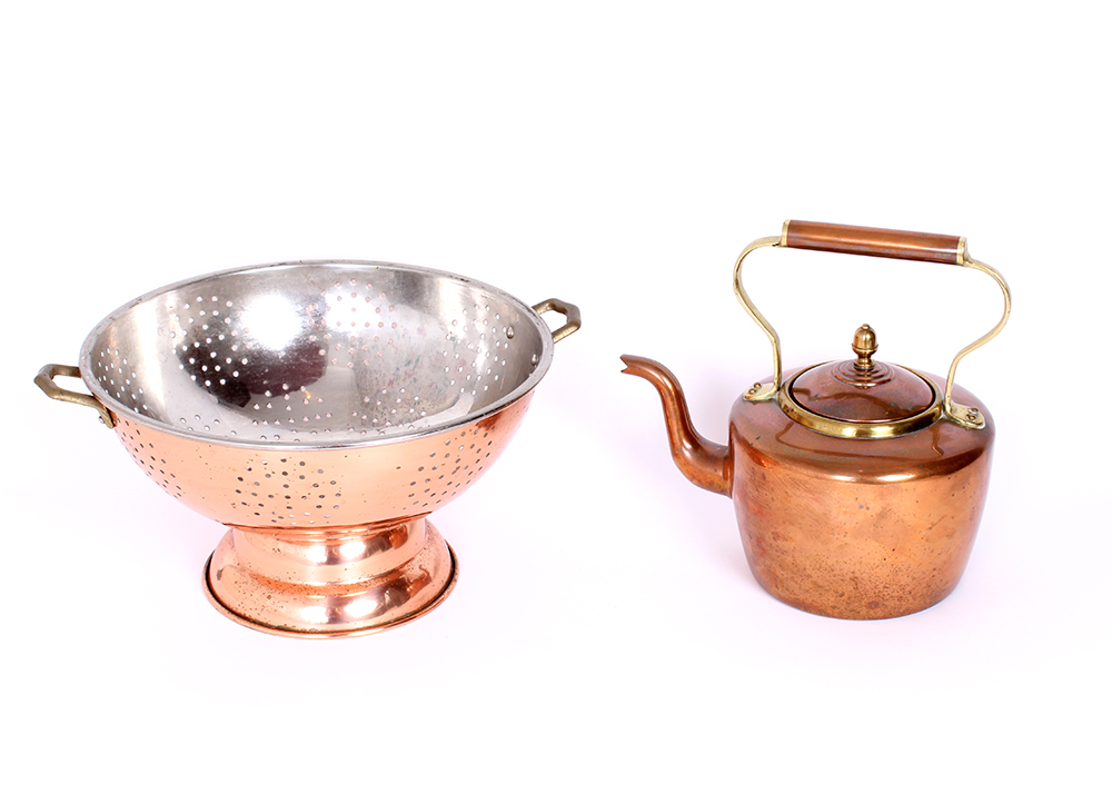Copper Colander and Tea Kettle