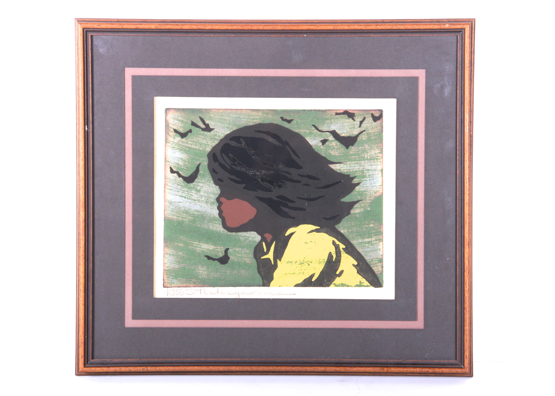 Tadashi Nakayama "Girl In The Wind," Woodblock Print