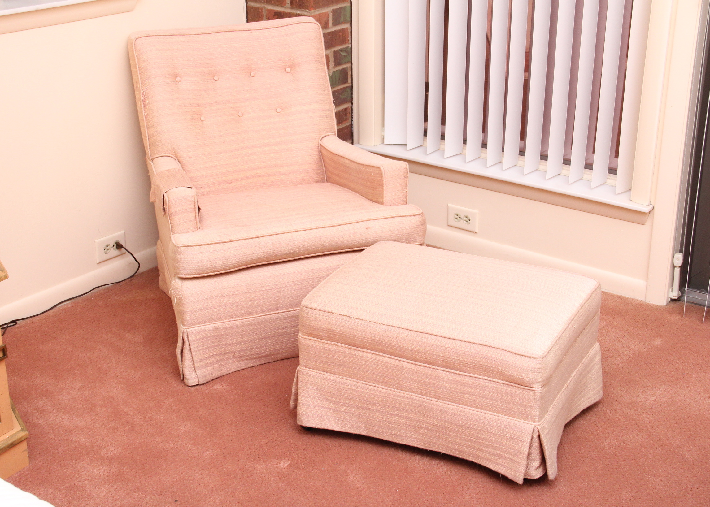 Dusty Rose Upholstered Armchair and Ottoman