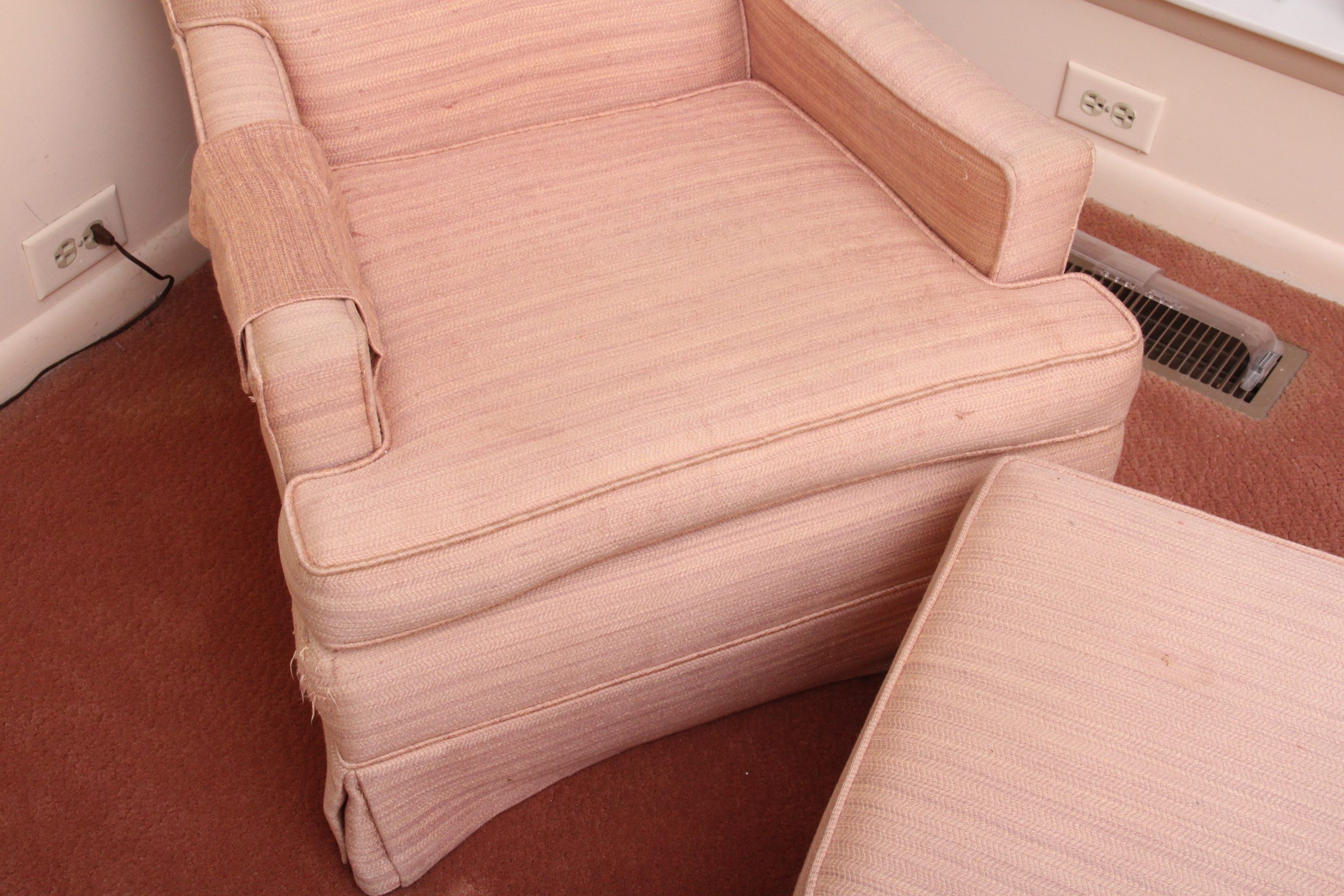 Dusty Rose Upholstered Armchair and Ottoman