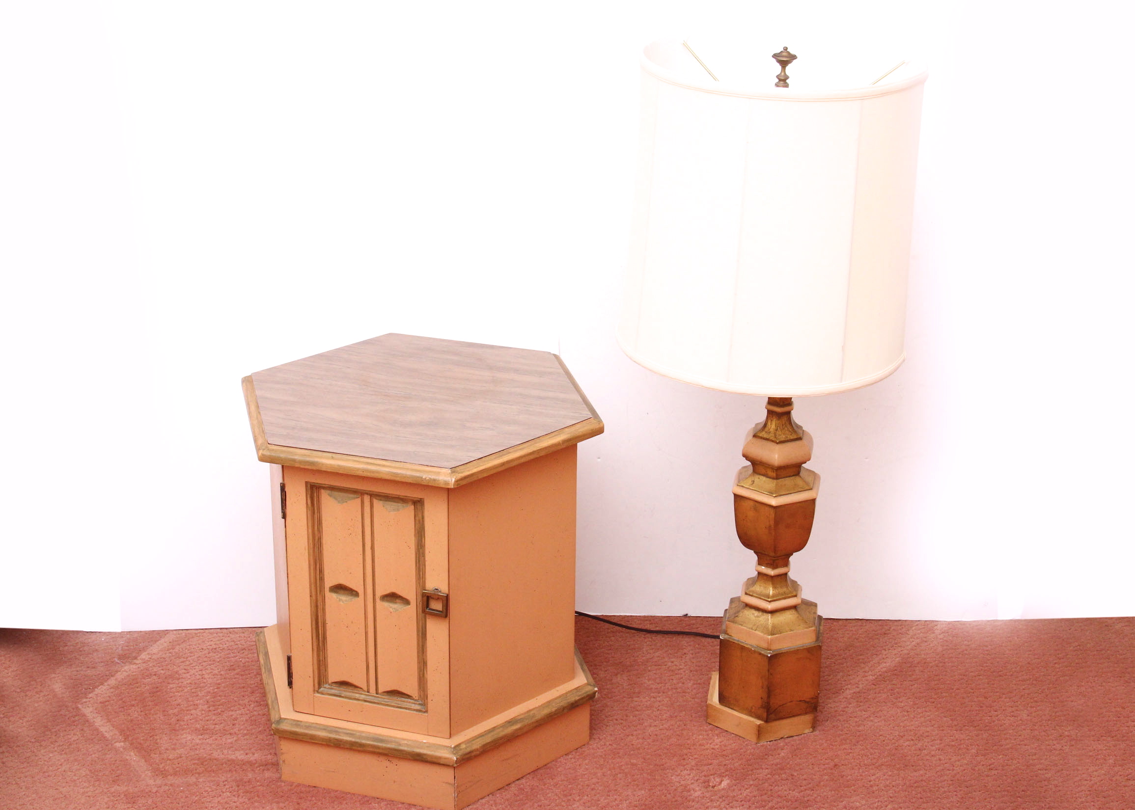 Hexagonal Cabinet End Table and Matching Lamp