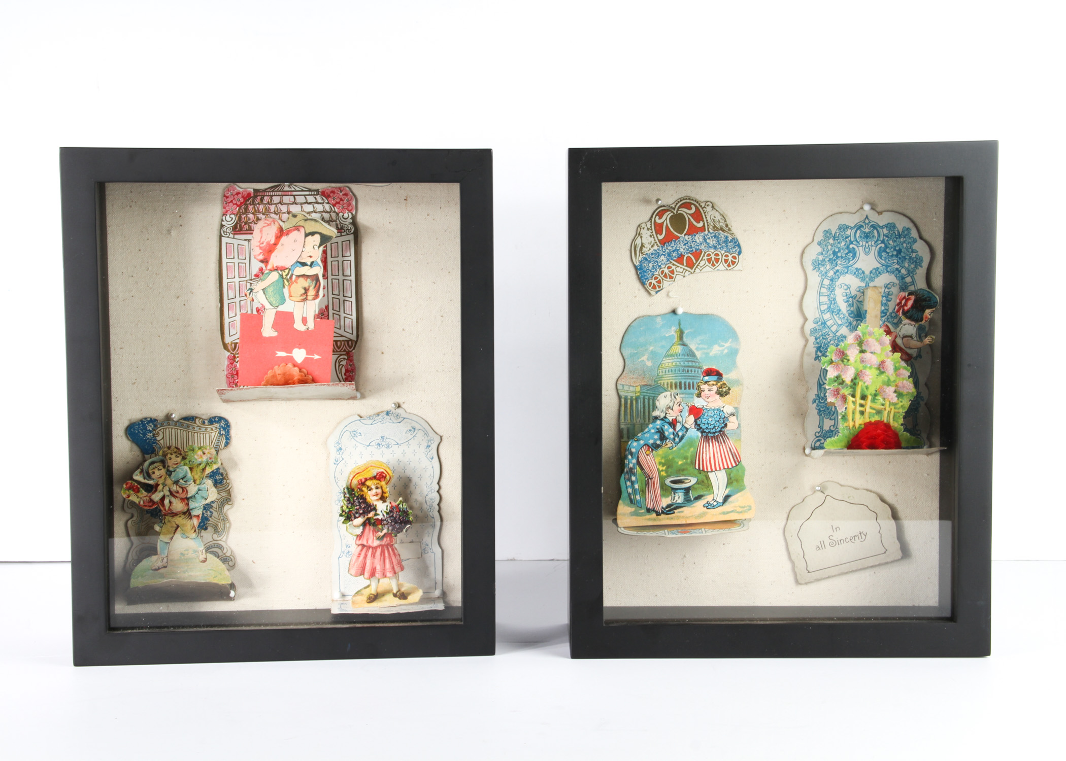 Pair of Shadow Box Framed Antique Pop-Up Valentine's Cards