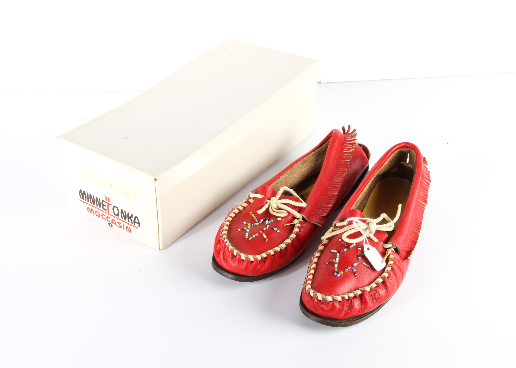 Red Leather Beaded Minnetonka Moccasins