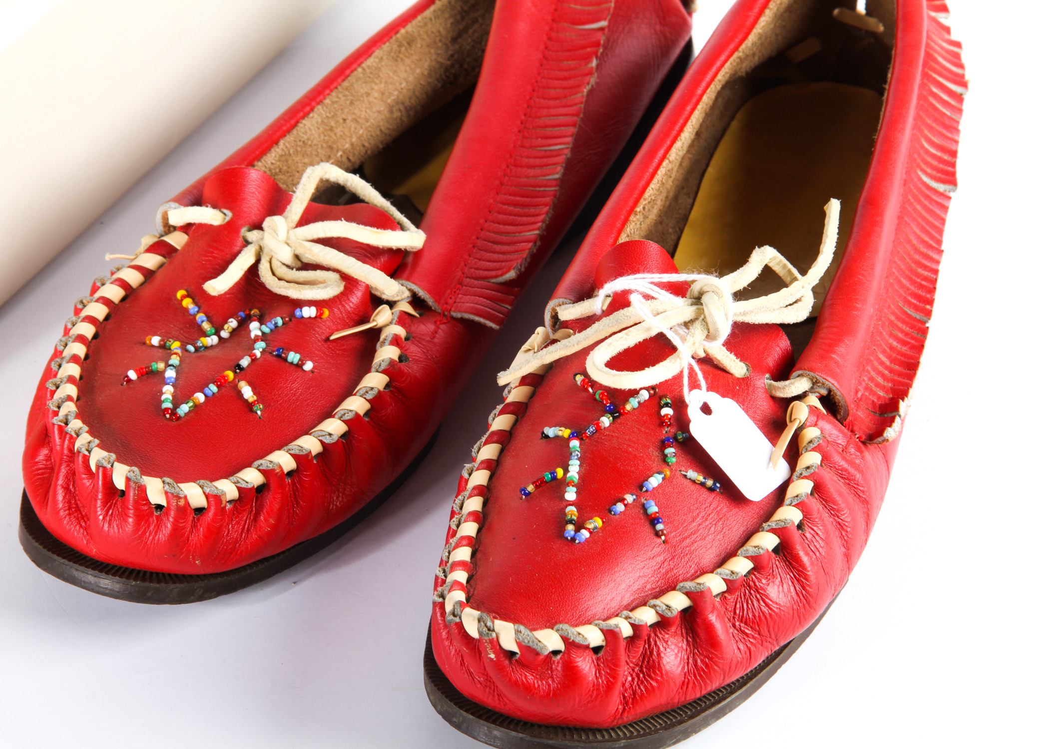 Red Leather Beaded Minnetonka Moccasins