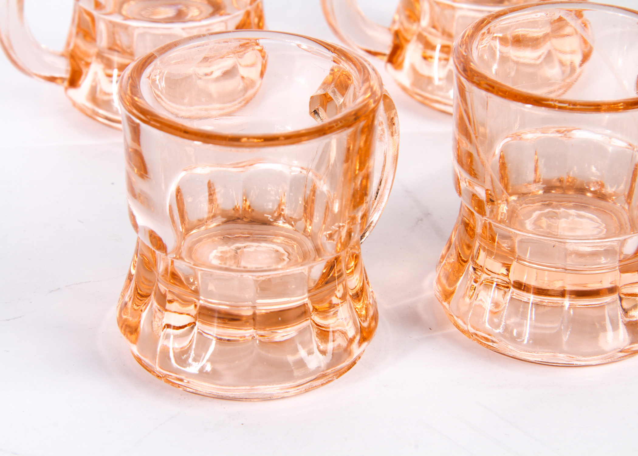 Six Mini Pink Glass Mugs