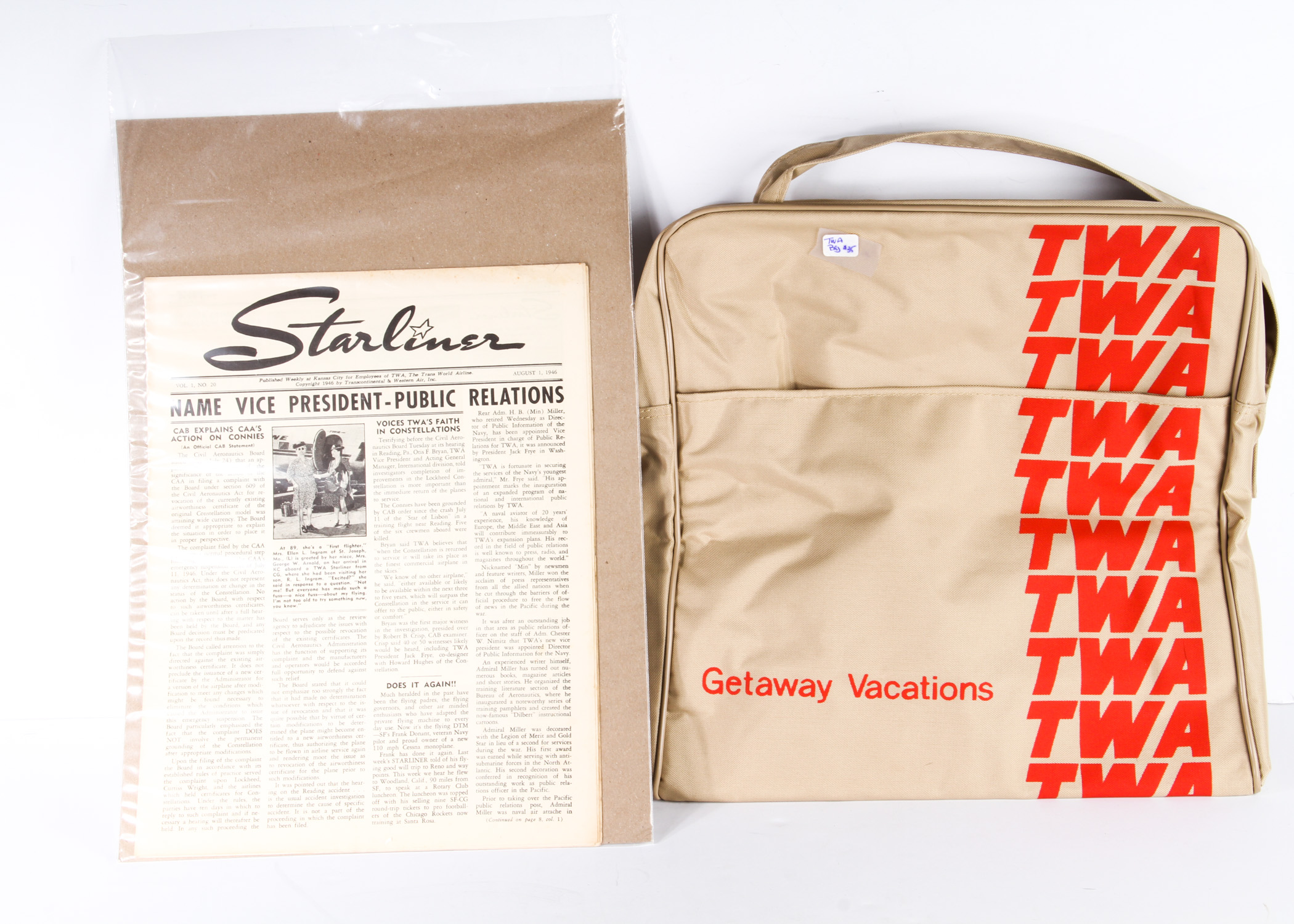 Two 1946 Issues of "Starliner" Magazine With TWA Flight Bag