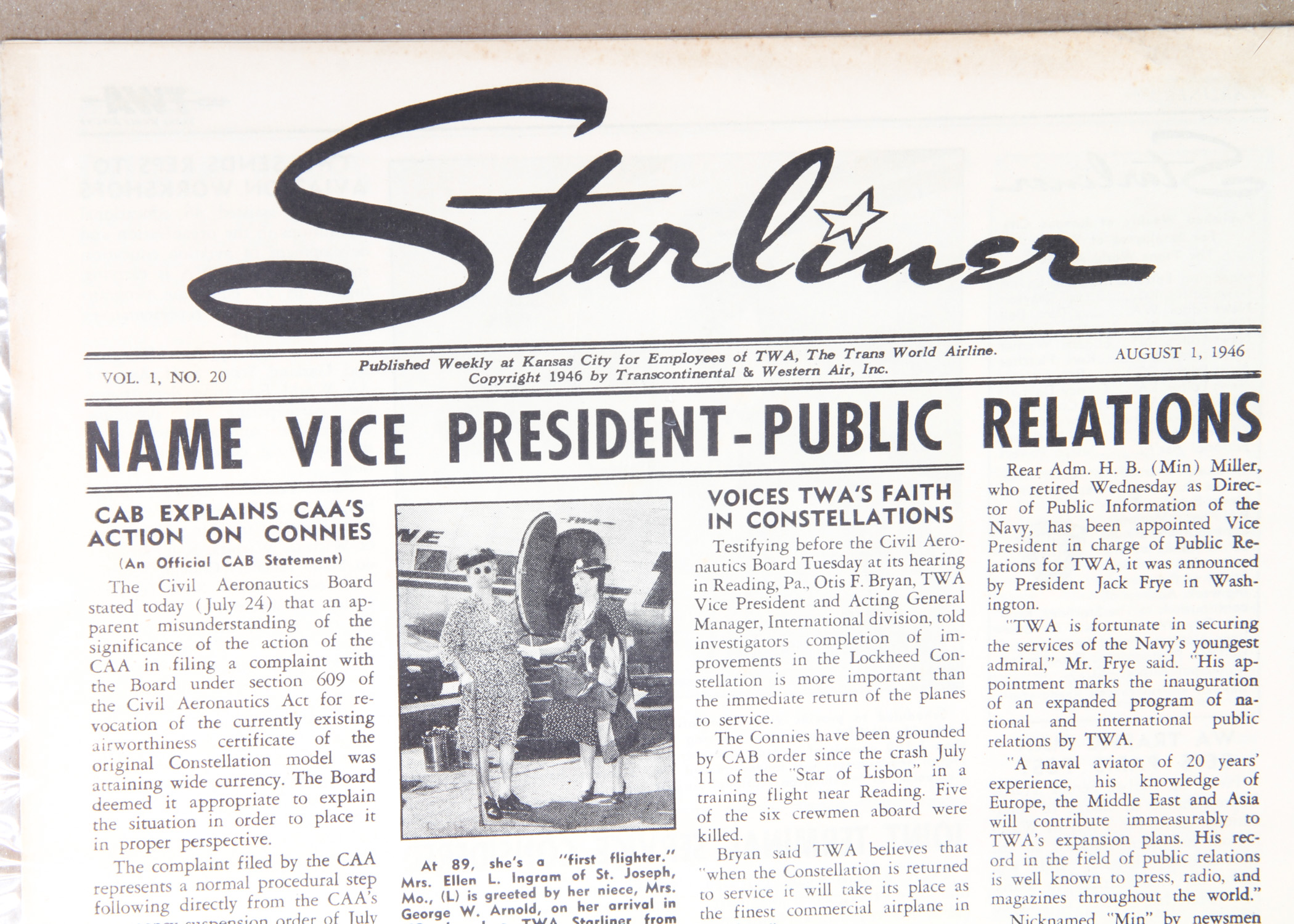 Two 1946 Issues of "Starliner" Magazine With TWA Flight Bag