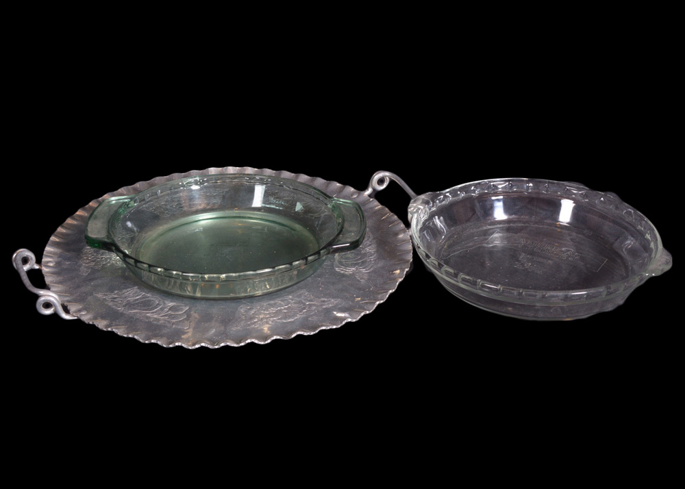 Collection of Pyrex DIsh, Metal Platter and Glass Dish