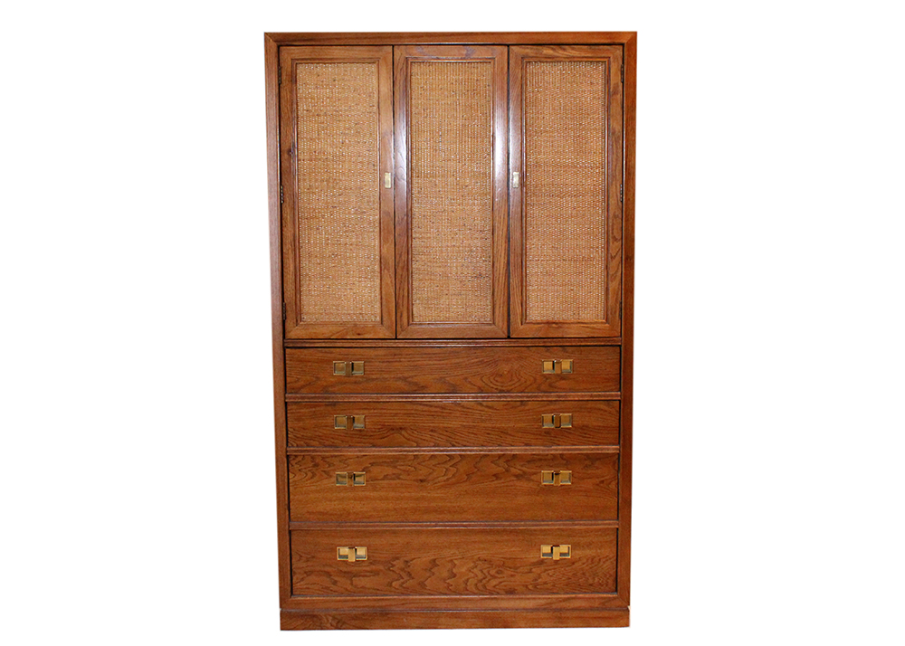 Mid Century Oak Chest of Drawers with Rattan Panels