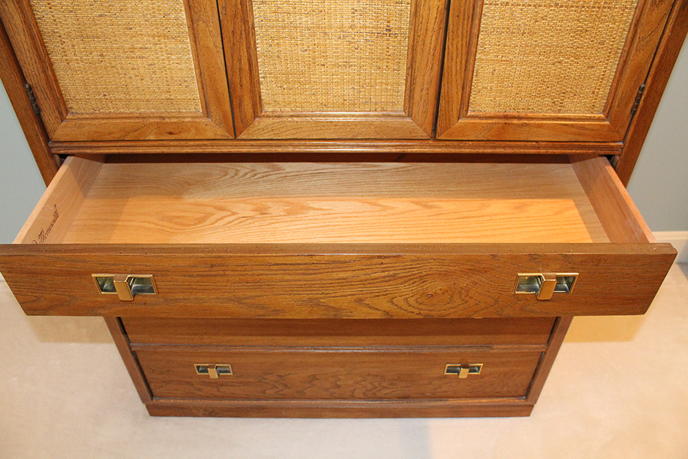 Mid Century Oak Chest of Drawers with Rattan Panels