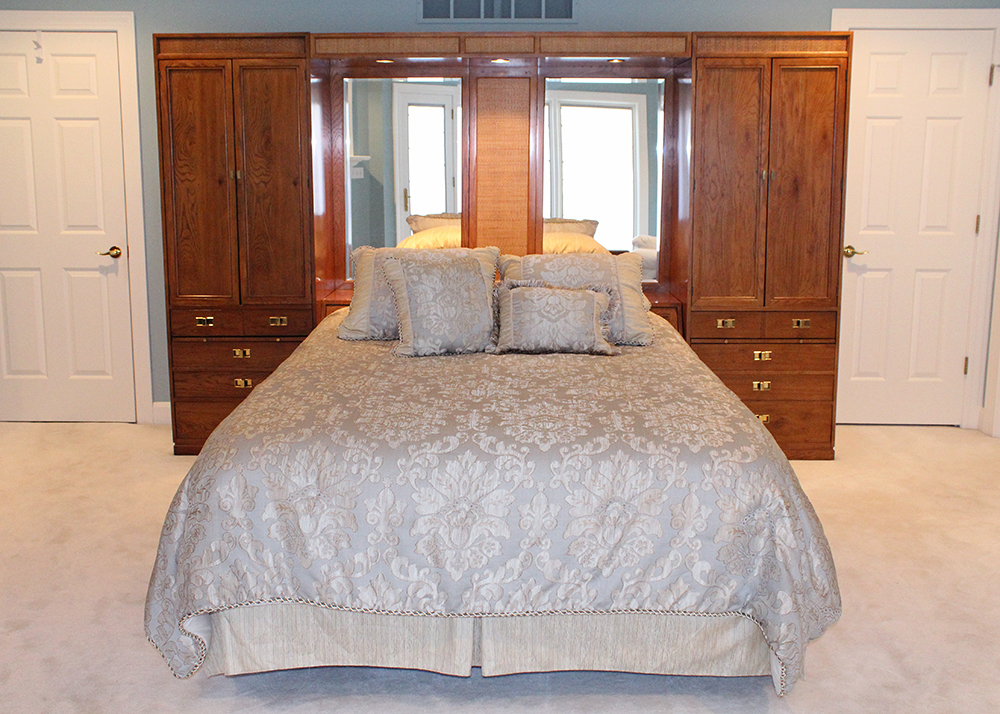 Mid-Century Traditional Oak Cabinet Headboard and Queen Bedframe