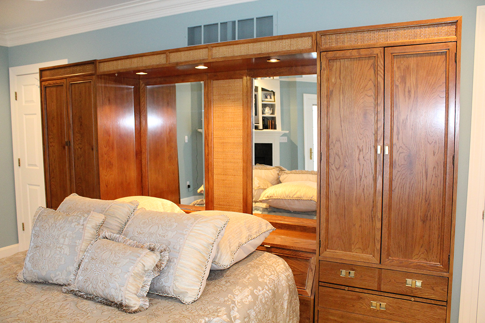 Mid-Century Traditional Oak Cabinet Headboard and Queen Bedframe