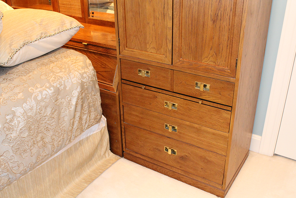 Mid-Century Traditional Oak Cabinet Headboard and Queen Bedframe