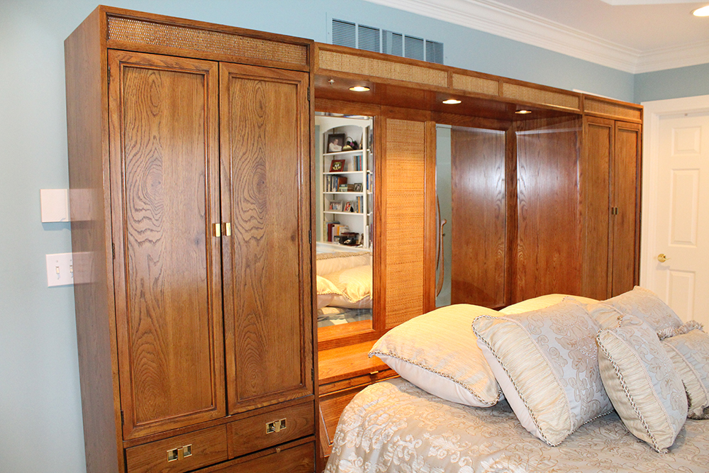 Mid-Century Traditional Oak Cabinet Headboard and Queen Bedframe