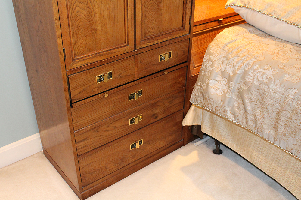 Mid-Century Traditional Oak Cabinet Headboard and Queen Bedframe