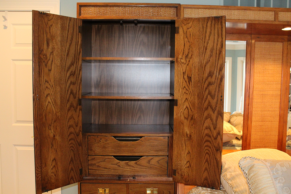 Mid-Century Traditional Oak Cabinet Headboard and Queen Bedframe
