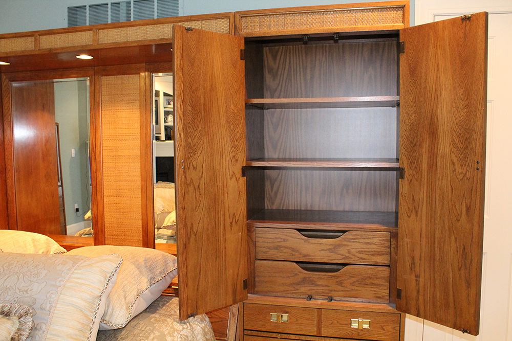 Mid-Century Traditional Oak Cabinet Headboard and Queen Bedframe