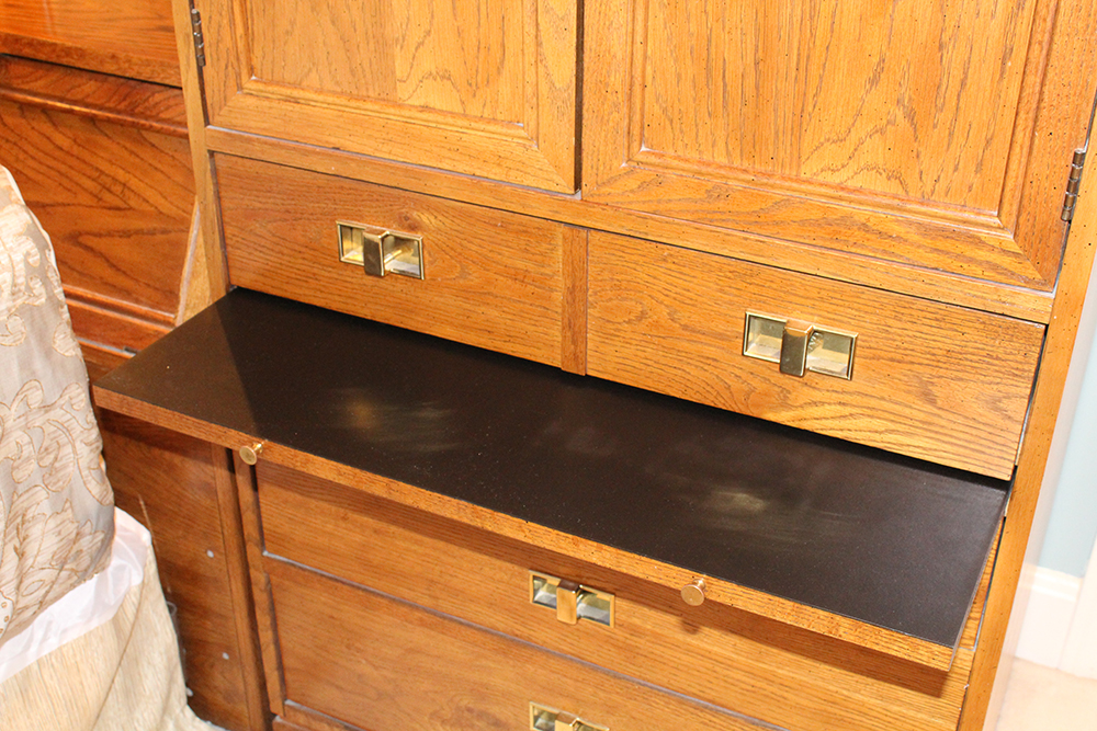 Mid-Century Traditional Oak Cabinet Headboard and Queen Bedframe