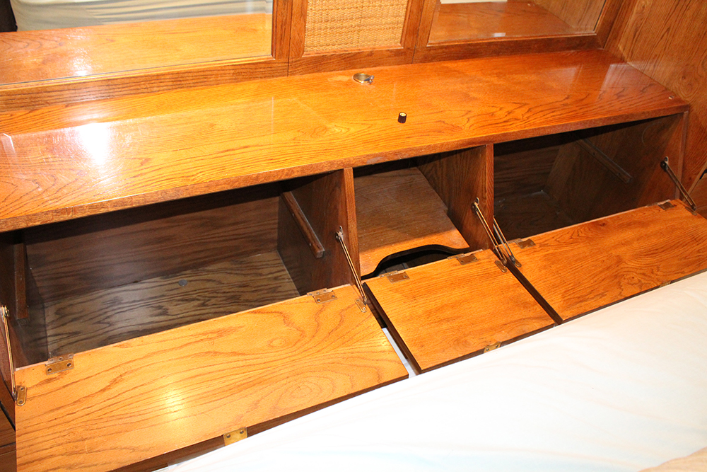 Mid-Century Traditional Oak Cabinet Headboard and Queen Bedframe