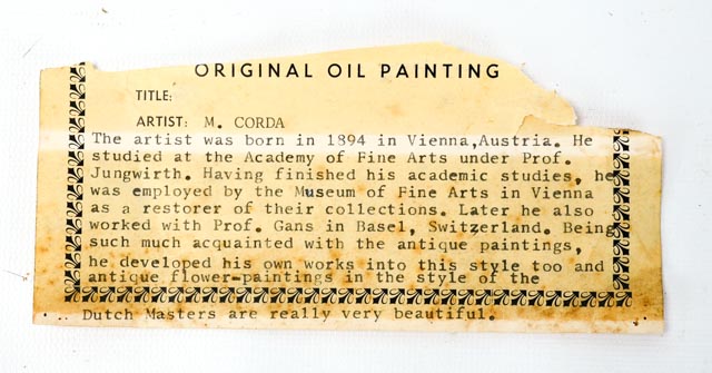 M. Corda Original Oil Painting of Floral Still Life