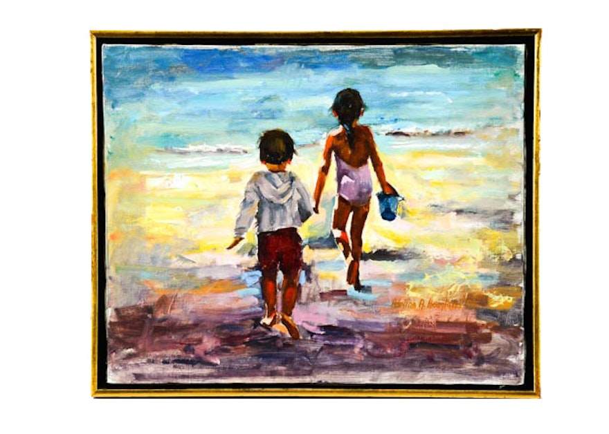 Adeline A. Hoagland Oil Painting of Children at Seashore
