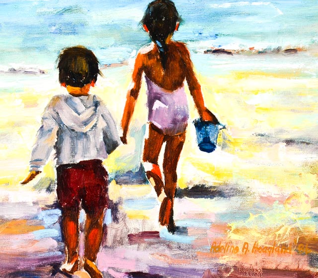 Adeline A. Hoagland Oil Painting of Children at Seashore
