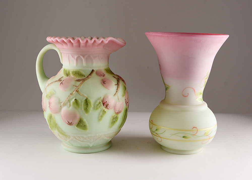 Hand-Painted Fenton Art Glass Pitcher and Vase